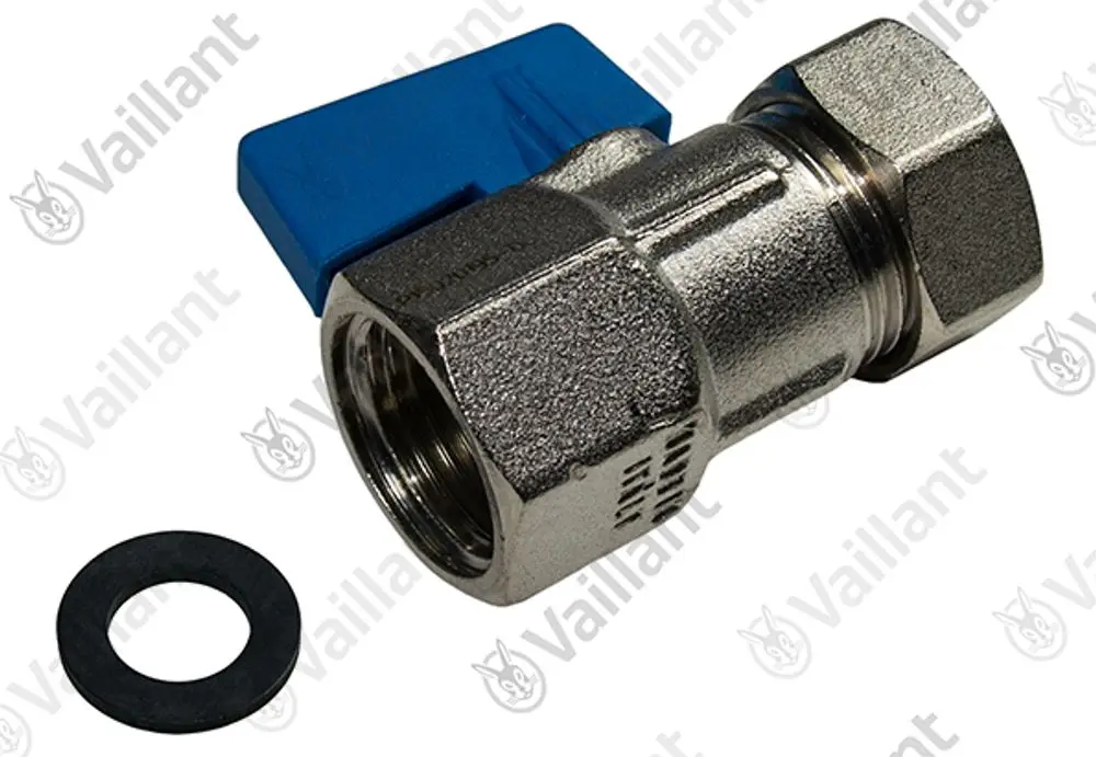 Vaillant Kugelventil mit blauer Abdeckung und Dichtungsring. Metallischer Körper mit Innengewinde, zur regulierten Durchflusskontrolle von Medien in Rohrleitungen.
